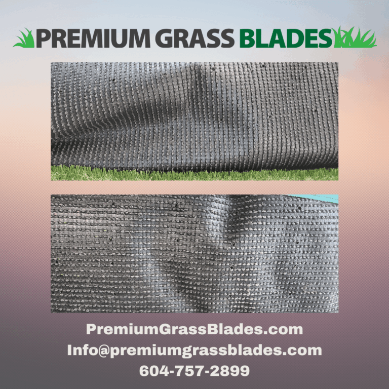 PREMIUM GRASS BLADES: Close-up of artificial turf backing material. PremiumGrassBlades.com.