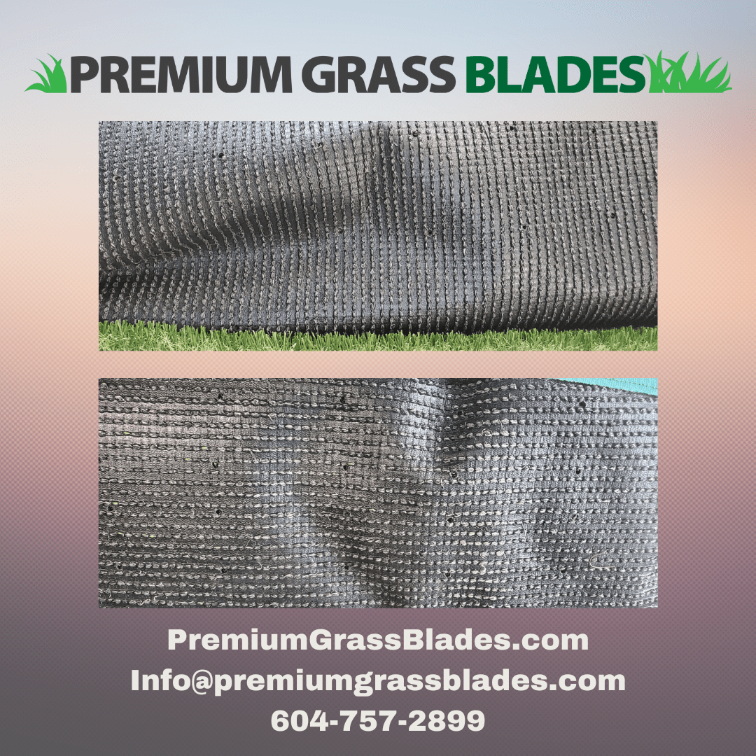 PREMIUM GRASS BLADES: Close-up of artificial turf backing material. PremiumGrassBlades.com.