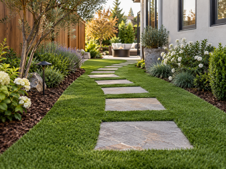 Artificial turf walkway with stepping stones beside residential garden beds