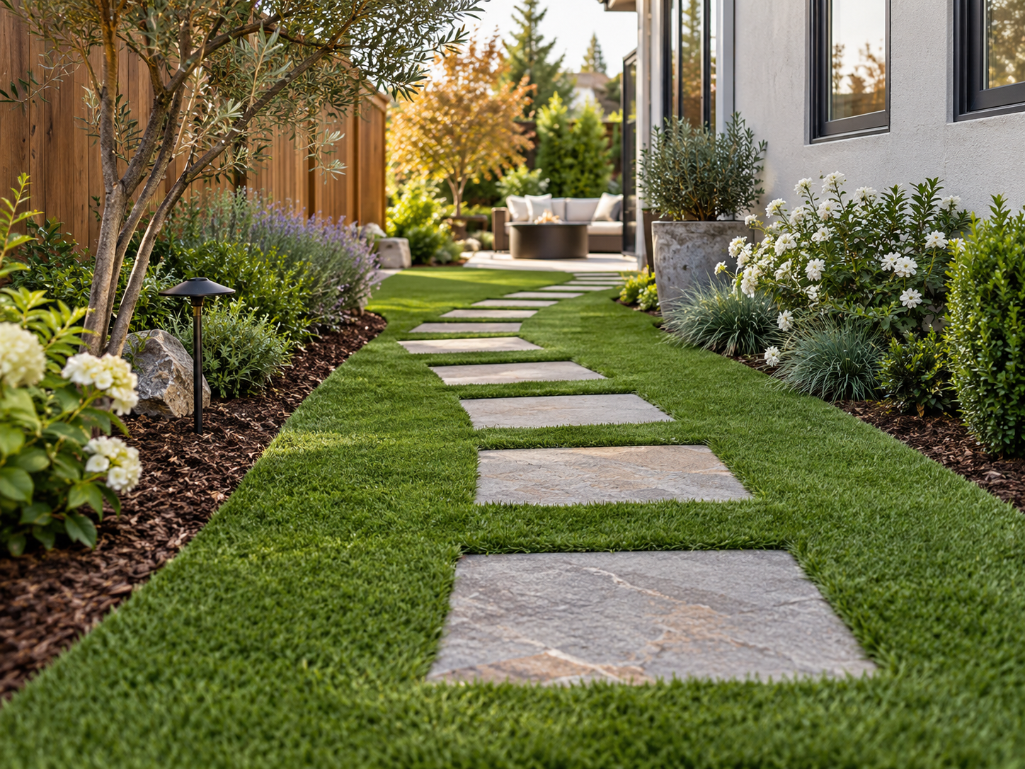Artificial turf walkway with stepping stones beside residential garden beds