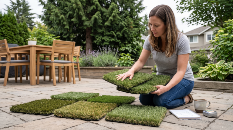 Homeowner comparing artificial turf samples for a Colwood yard.