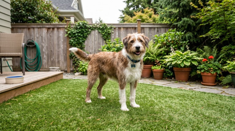Dog standing on easy-to-clean artificial turf in an Esquimalt backyard