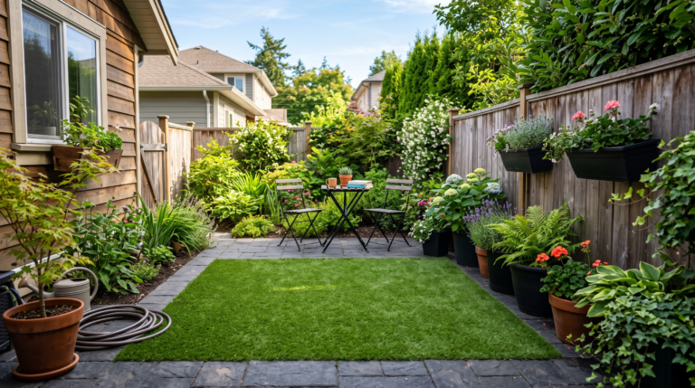Artificial grass for a small backyard with planters and compact outdoor seating
