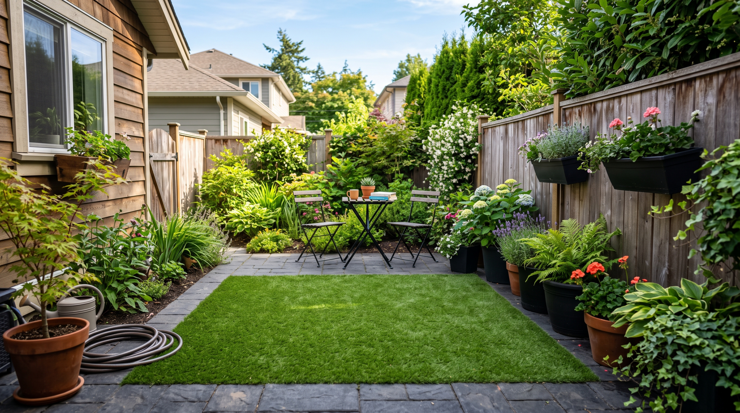 Artificial grass for a small backyard with planters and compact outdoor seating