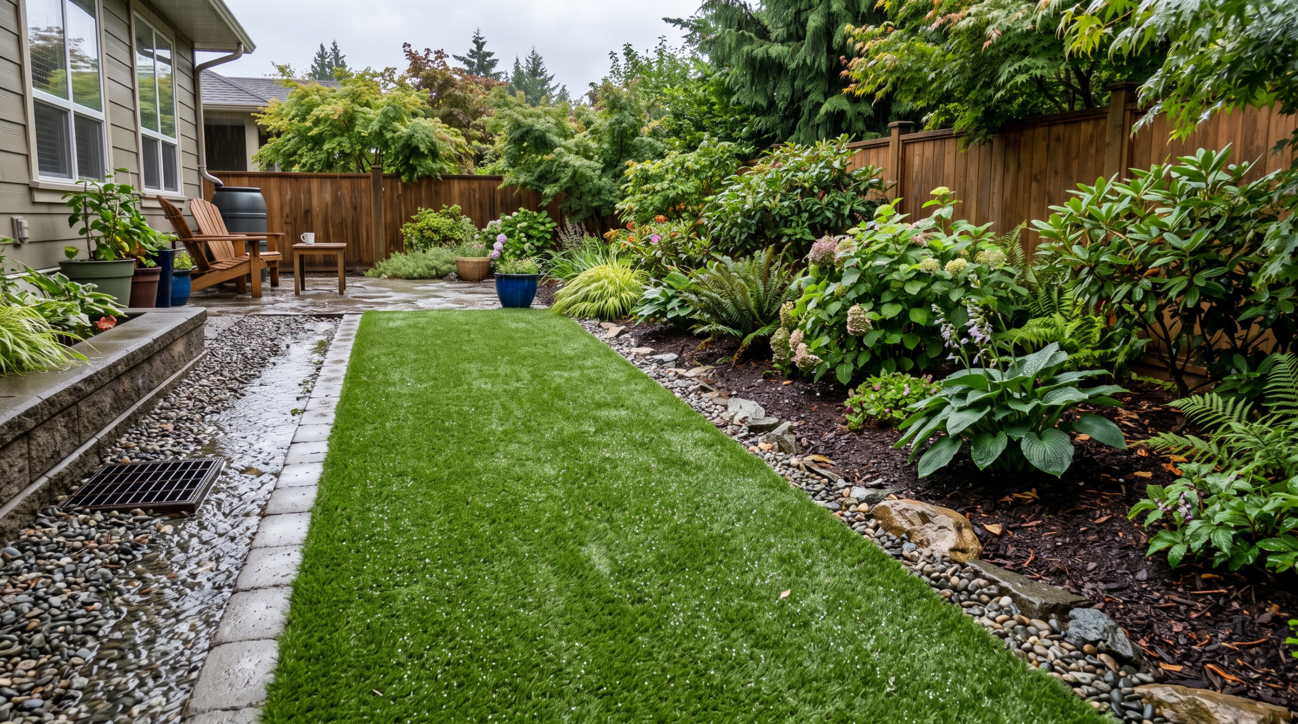 Artificial turf Nanaimo backyard after rain with a properly graded outdoor area.