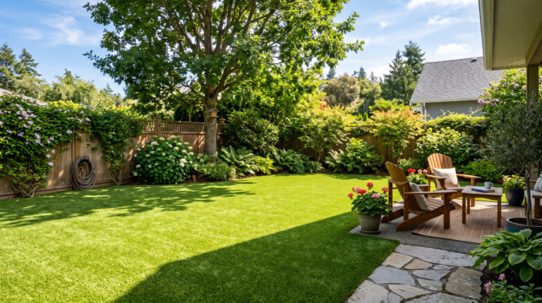Cooling artificial turf in a sunny Sidney BC backyard with shaded seating area