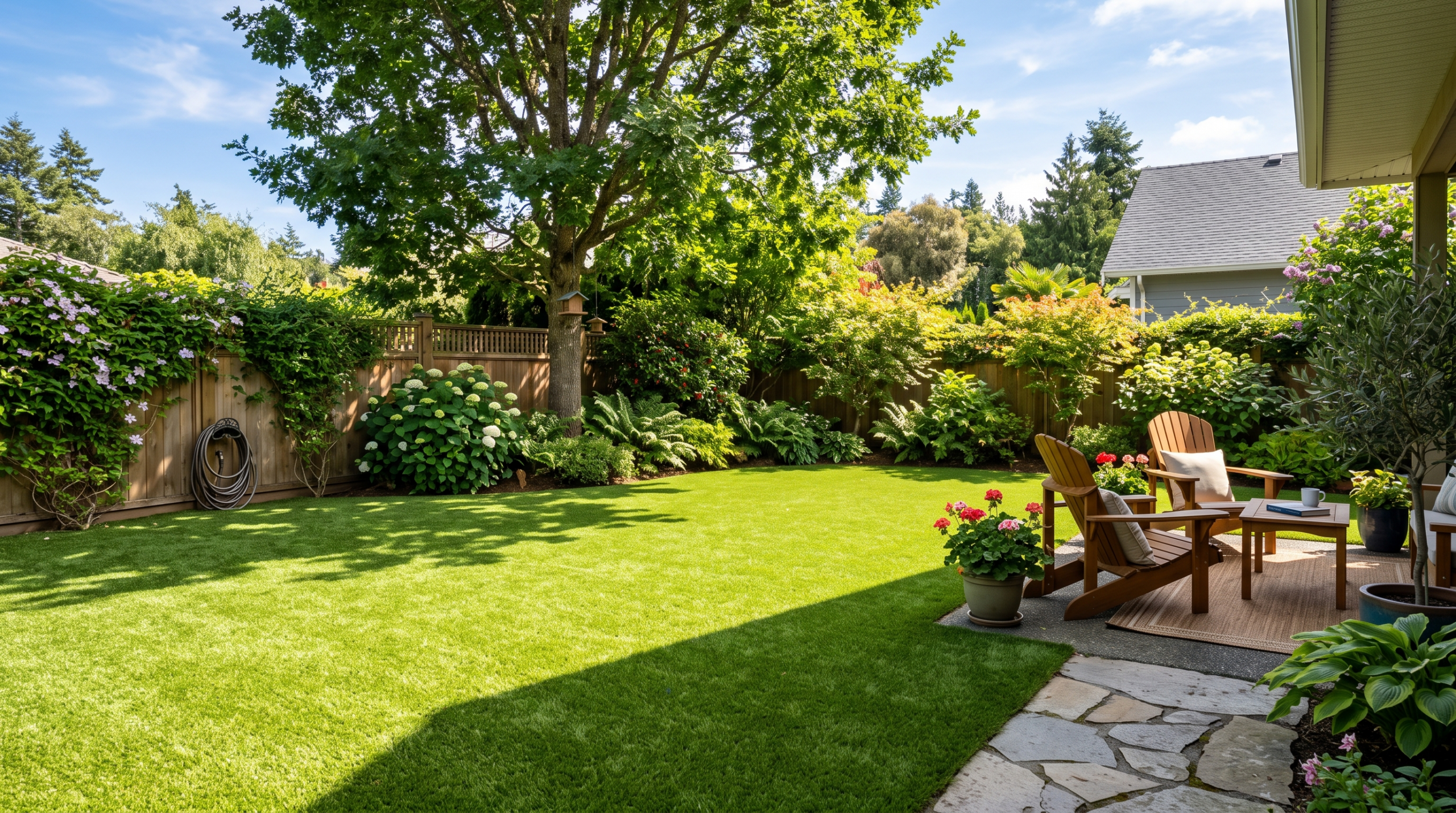 Cooling artificial turf in a sunny Sidney BC backyard with shaded seating area