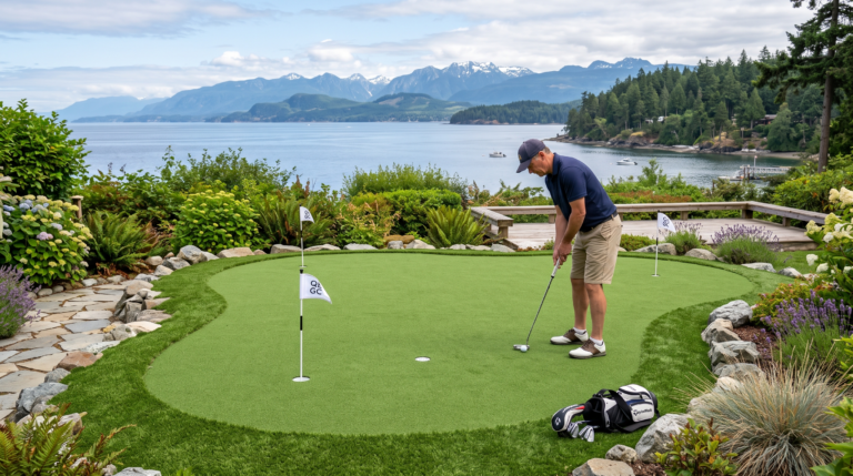 Backyard putting green using artificial turf near Qualicum Beach BC