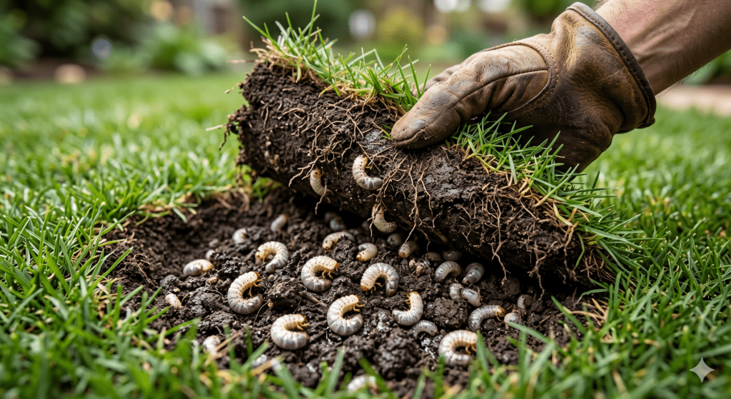 Close-up of lawn peeled back revealing white grubs in the soil
