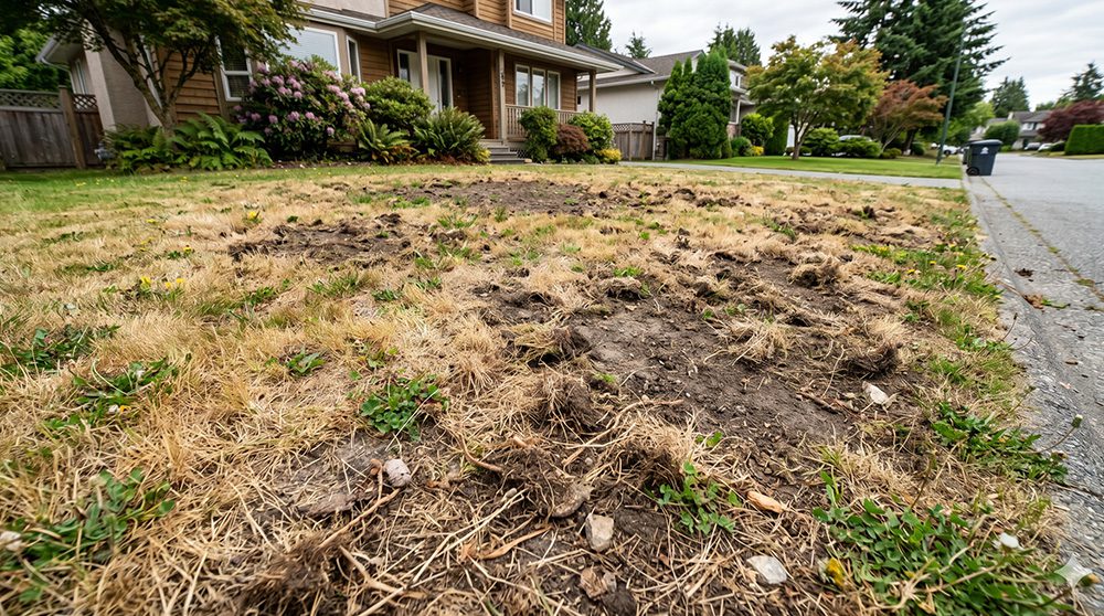 Grub-damaged BC lawn with bare patches and exposed soil.
