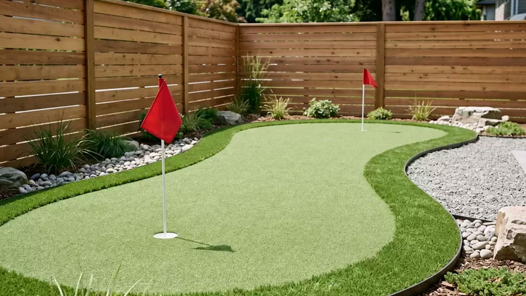 Backyard putting green with two flags, rock border, and fenced yard.