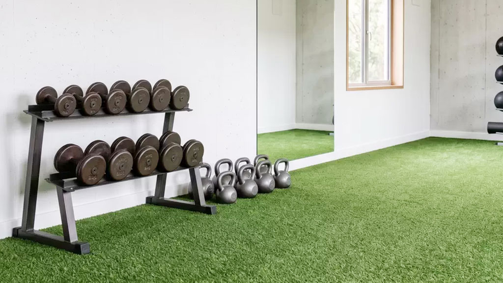 Dumbbell rack and kettlebells on artificial turf flooring in an indoor gym.
