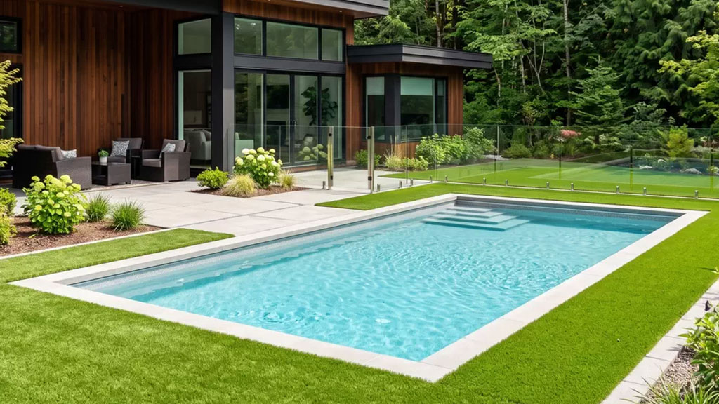 Modern backyard pool with artificial turf surround, lounge seating, and glass fencing.
