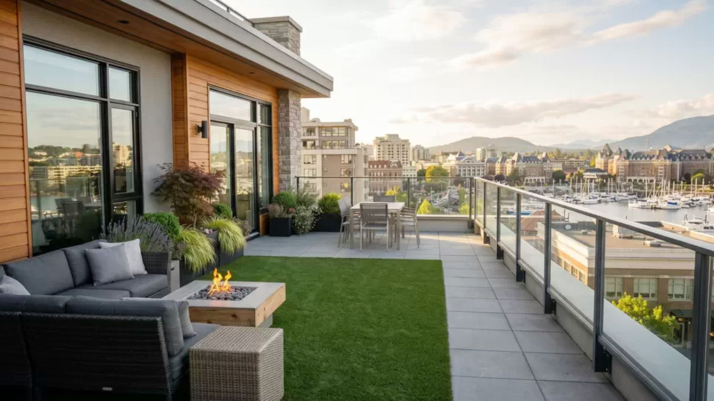 Rooftop terrace with artificial turf, lounge seating, and a fire feature overlooking a BC harbour.