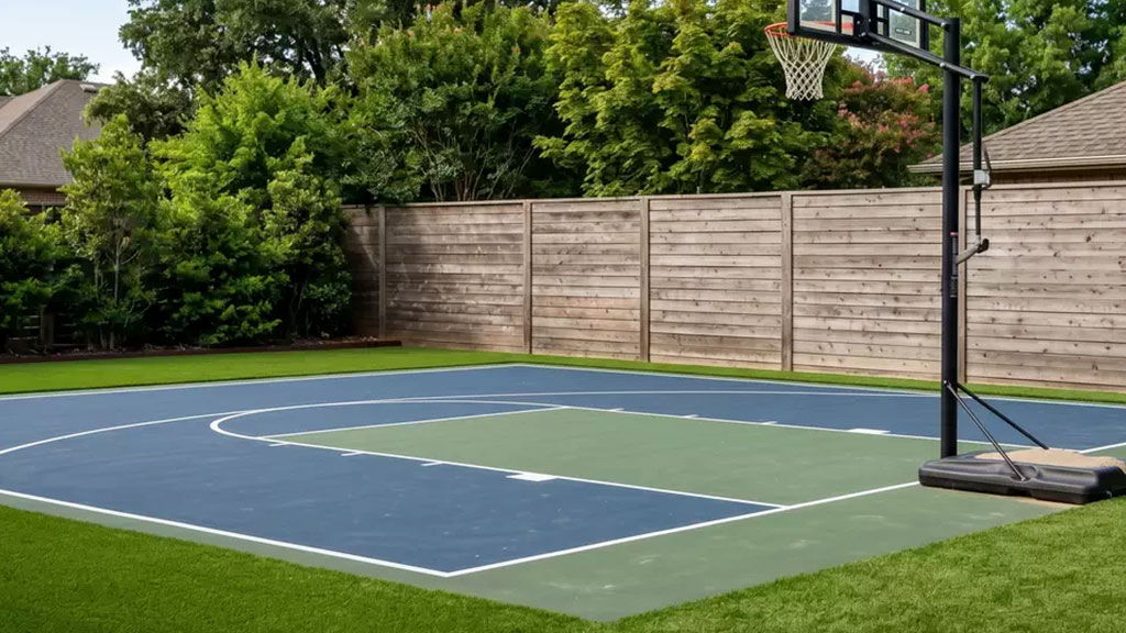 Backyard basketball court bordered by artificial turf with a hoop and fenced yard.