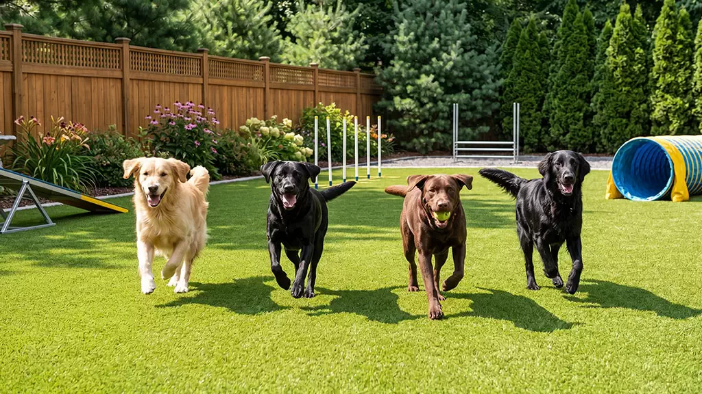 Four dogs running on pet-friendly artificial turf in a fenced backyard with agility equipment.