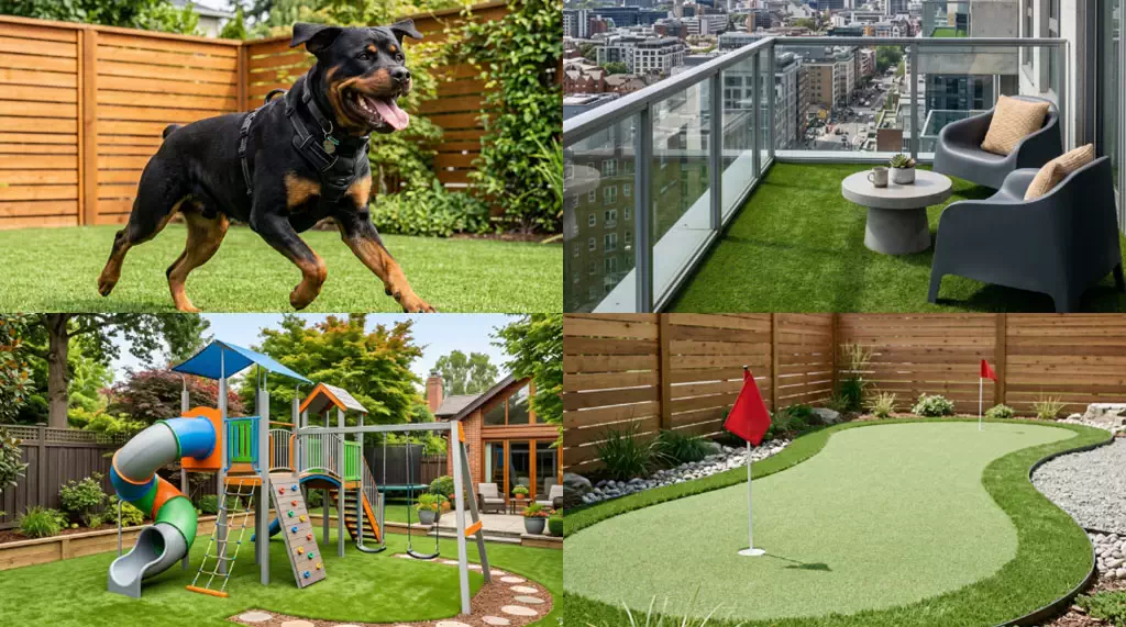 Dog playing on artificial turf in a fenced backyard