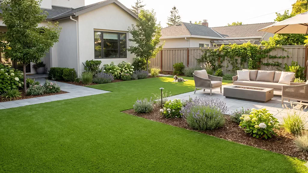 Manicured artificial turf lawn in a landscaped backyard with patio, fire feature, and planting beds.