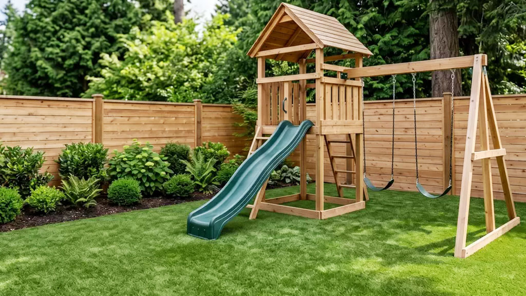 Wooden backyard play structure with slide and swings on soft artificial turf.