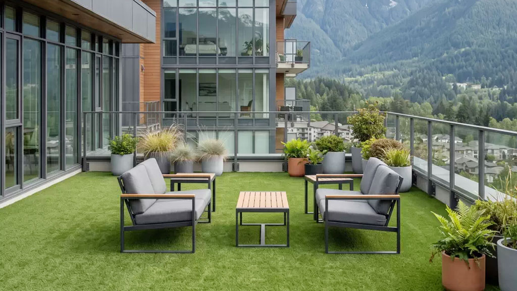 Strata complex courtyard with low-maintenance artificial turf in a shared common area.