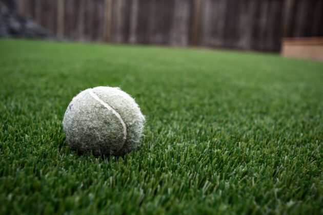 Close up of tennis ball on artificial grass