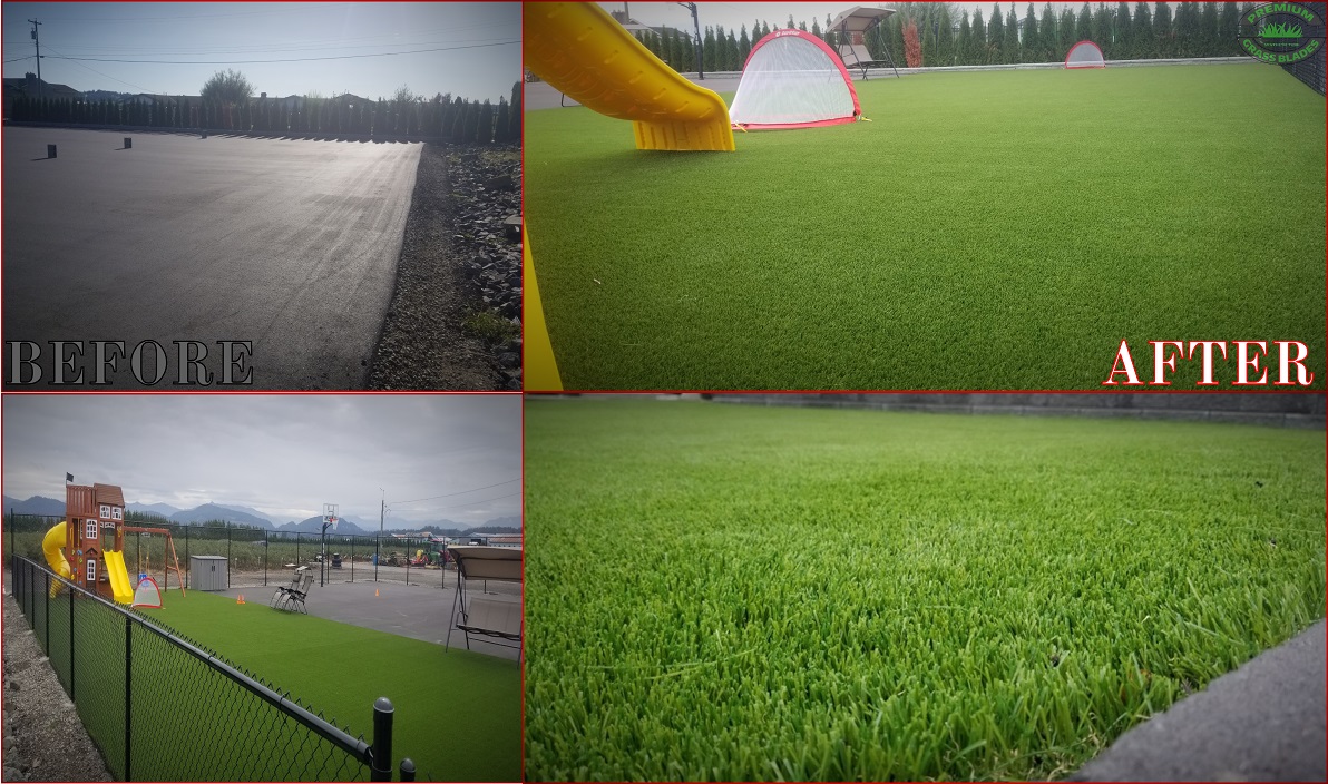 Before and after of artificial turf installed on a playground in Maple Ridge, BC