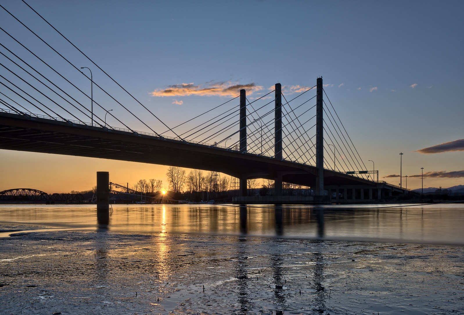 View of the bridge during sunset in Pitt Meadows
